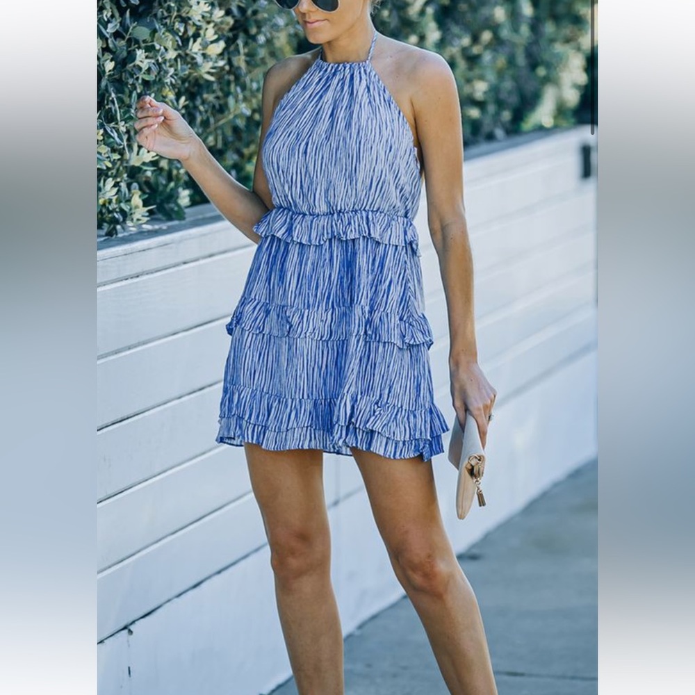 Downright Darling Light Blue Ruffled Halter Mini Dress Size Medium NWT